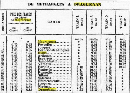 Horaires 1889 Meyrargues Draguignan