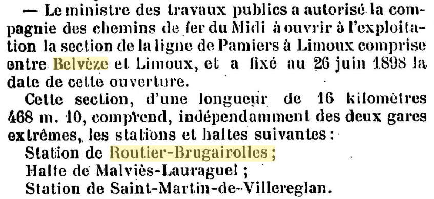 Agrandir l'image Ouverture à l'exploitation de la gare de Belvèze-Aude à la gare de Routier-Brugairolles